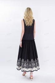 Black Sleeveless Midi Dress with White Lace Hem & Tassel Detail