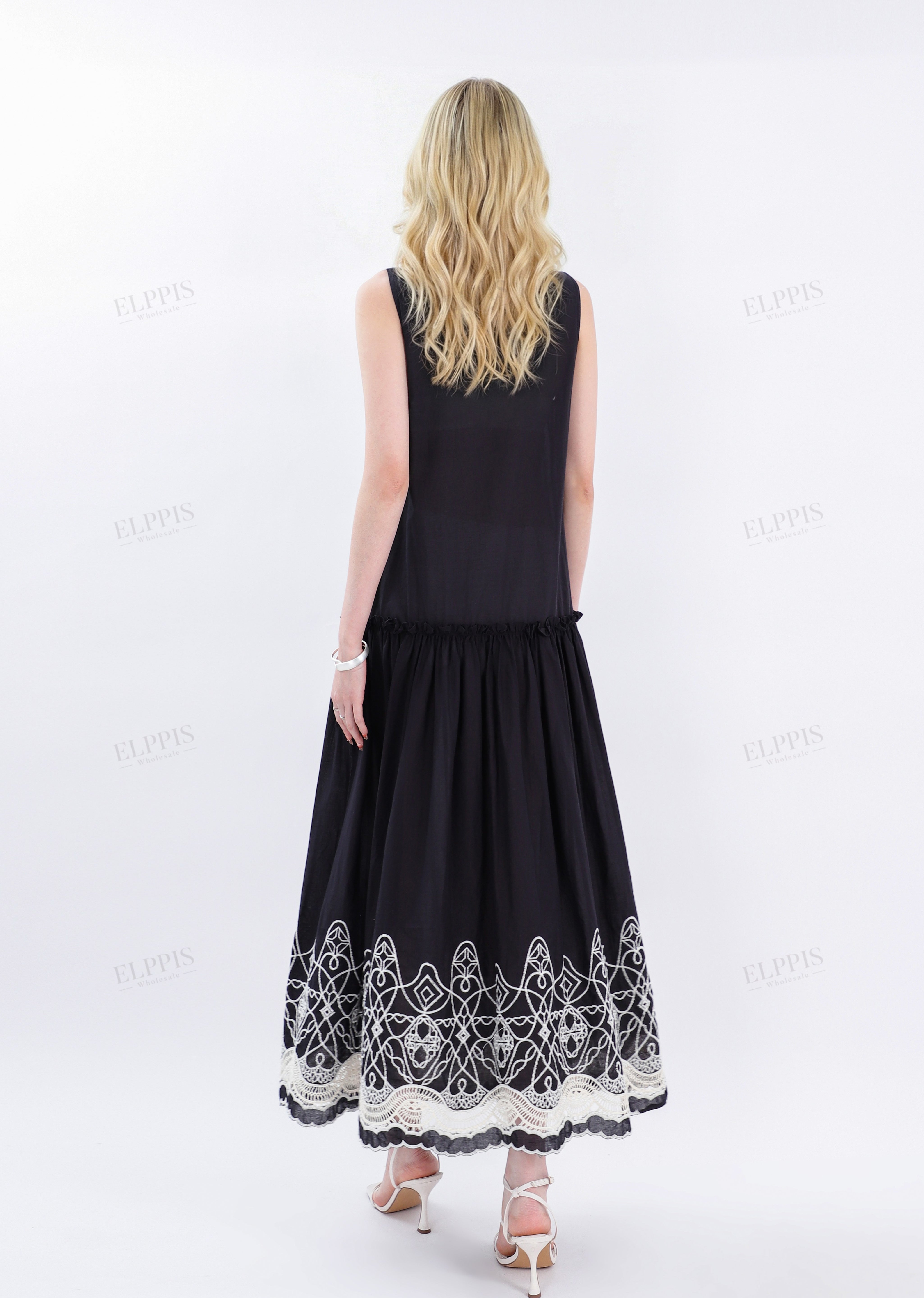 Black Sleeveless Midi Dress with White Lace Hem & Tassel Detail