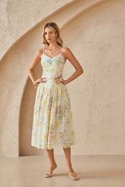 Yellow Eyelet Lace Floral Print Midi Slip Dress