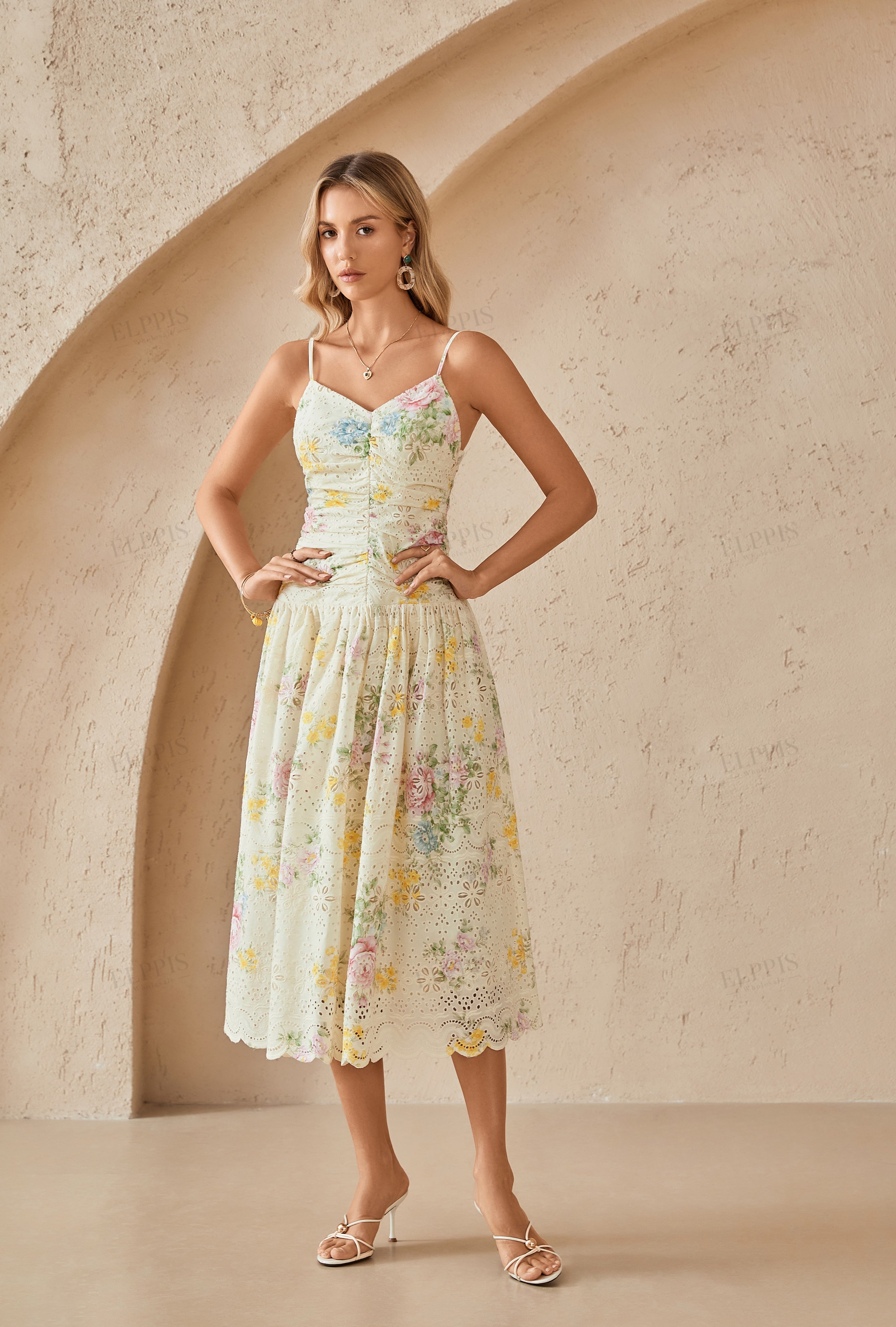 Yellow Eyelet Lace Floral Print Midi Slip Dress