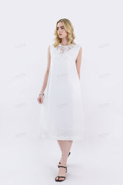 White Sleeveless Midi Dress with Lace Yoke Detail