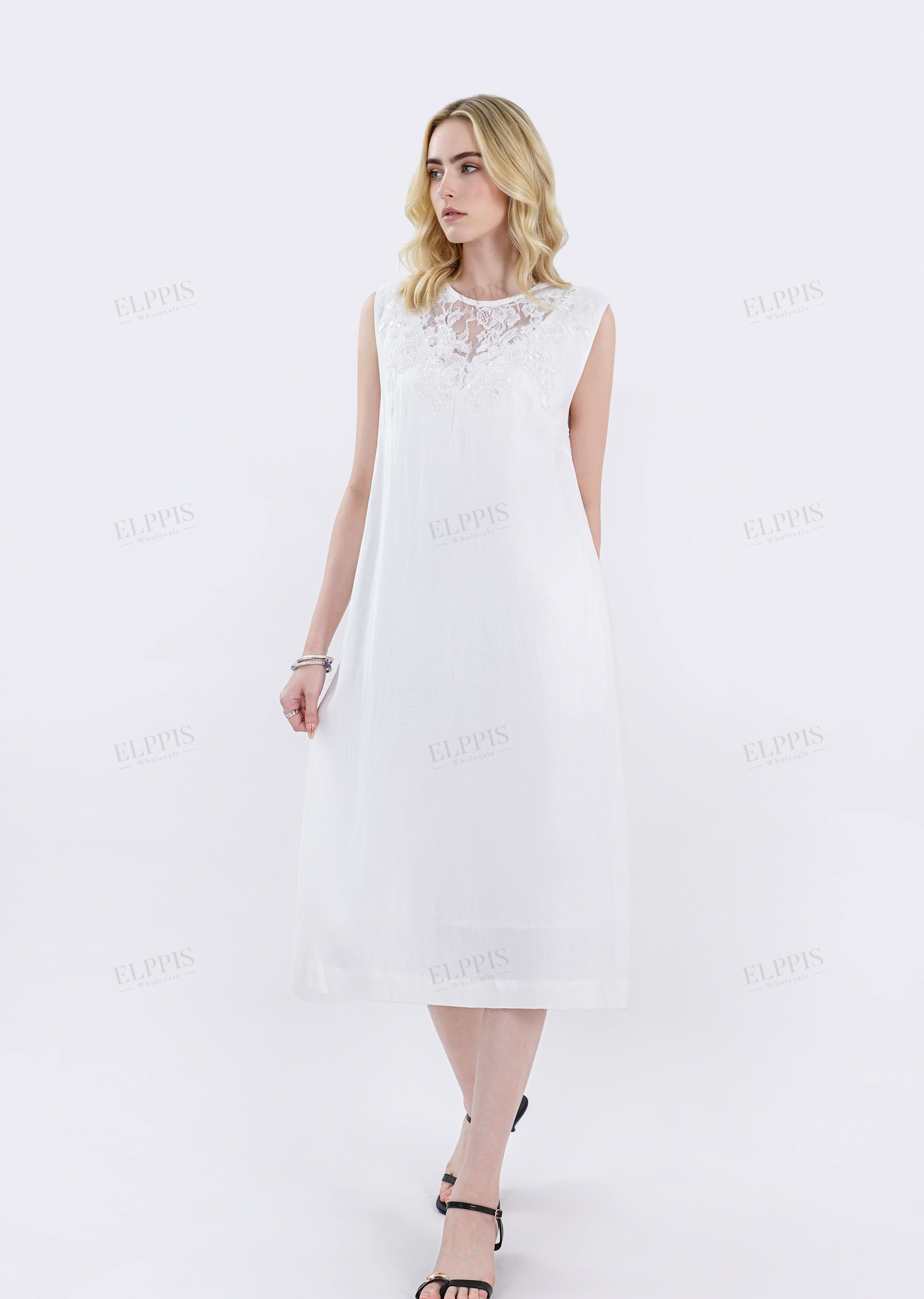 White Sleeveless Midi Dress with Lace Yoke Detail