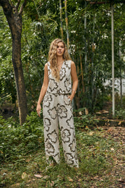 Cream Wide-Leg Pants with Olive Floral Embroidery