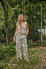 Cream Wide-Leg Pants with Olive Floral Embroidery