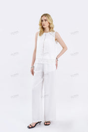 White Woven Wide-Leg Pants with Drawstring Waist