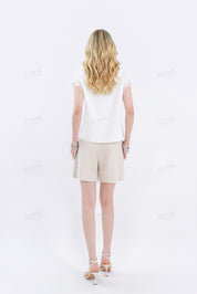 Beige Linen Blend Belted Casual Shorts