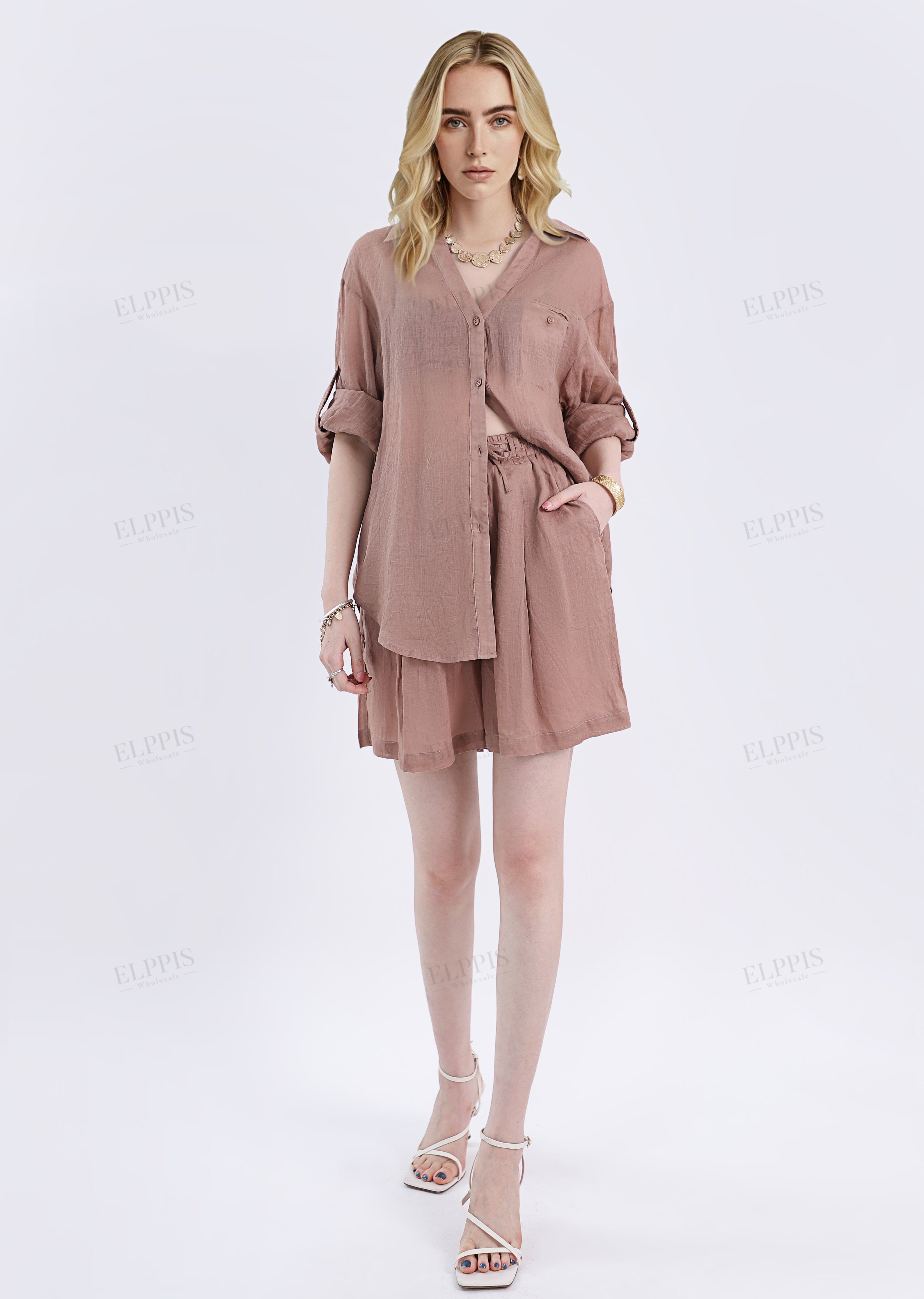 Khaki Ramie Oversized Button-Front Long-Sleeve Shirt