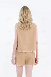 Navy Sleeveless Blouse with Black Lace Embroidery & Shoulder Detail