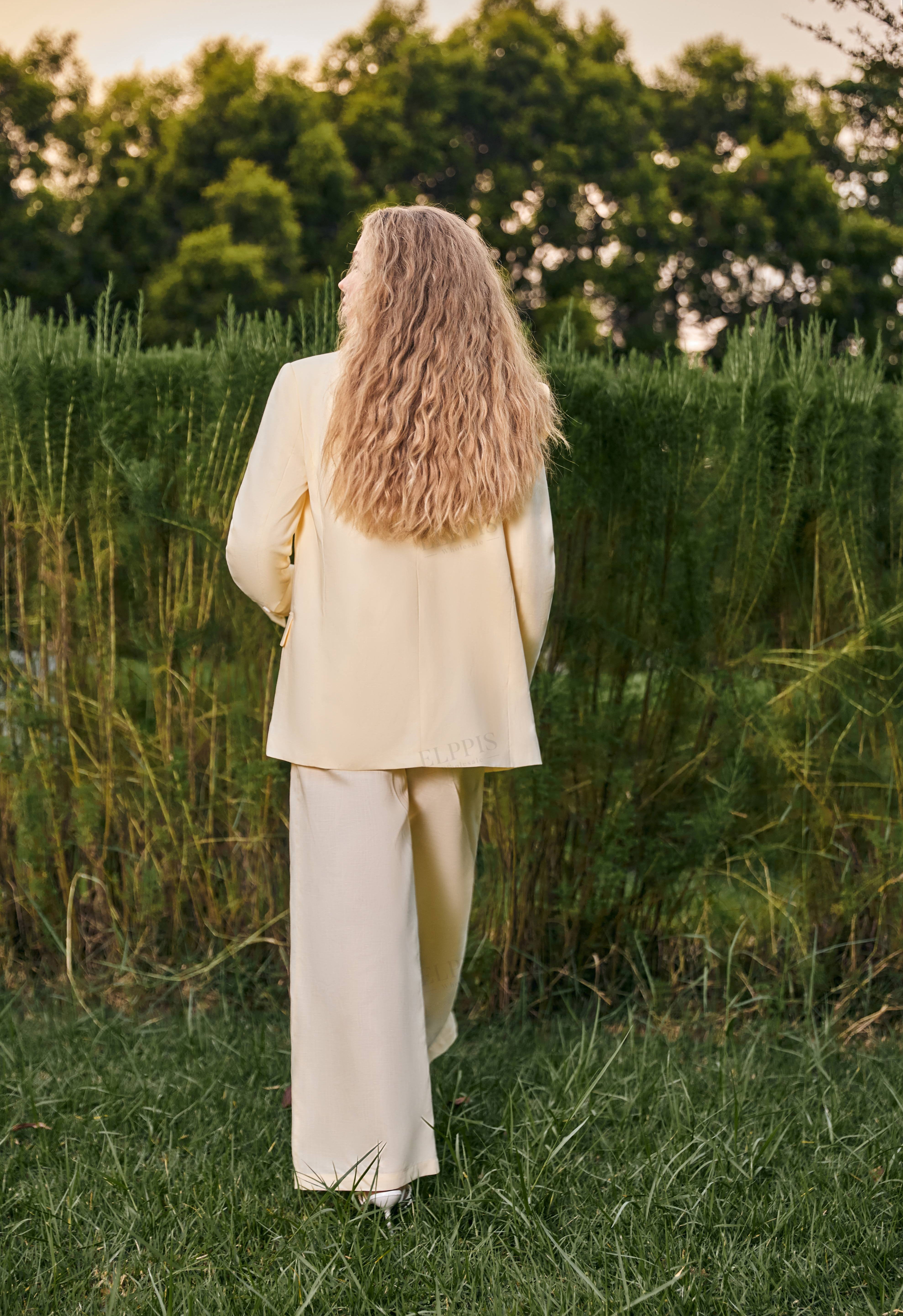 Butter Yellow Linen Blazer with Ruffled Shoulder Detail
