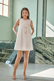 White Linen Sleeveless Beaded Embroidery Dress