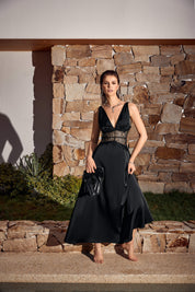 Black Satin Halter V-Neck Lace Panel Maxi Dress