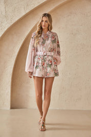 Blush Pink Romantic Rose Print Chiffon Blouse with Balloon Sleeves