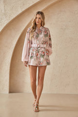 Blush Pink Romantic Rose Print Chiffon Blouse with Balloon Sleeves