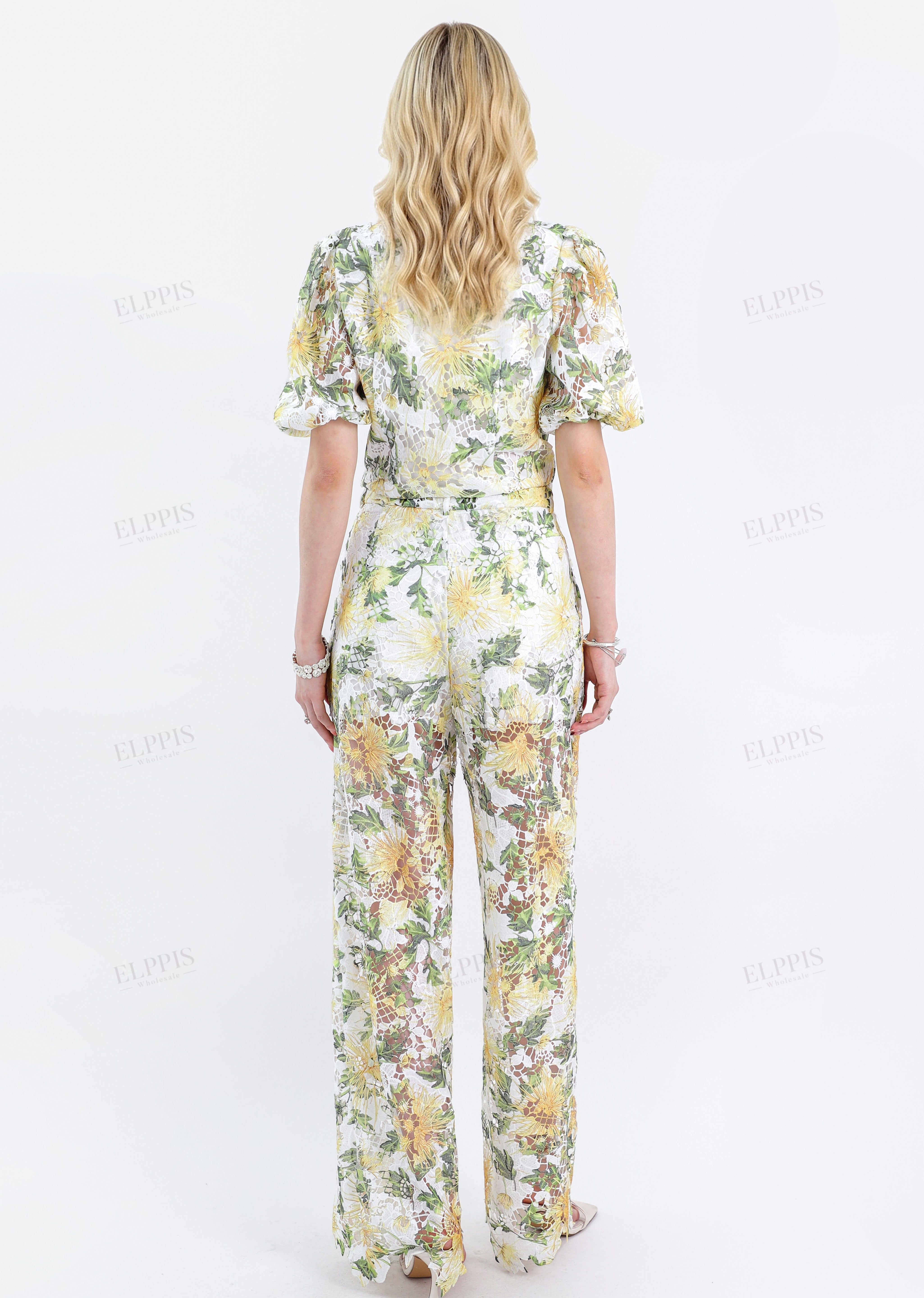 White & Yellow Floral Lace Puff-Sleeve Cropped Top