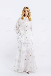 White Rayon-Linen Blend Embroidered Oversized Shirt