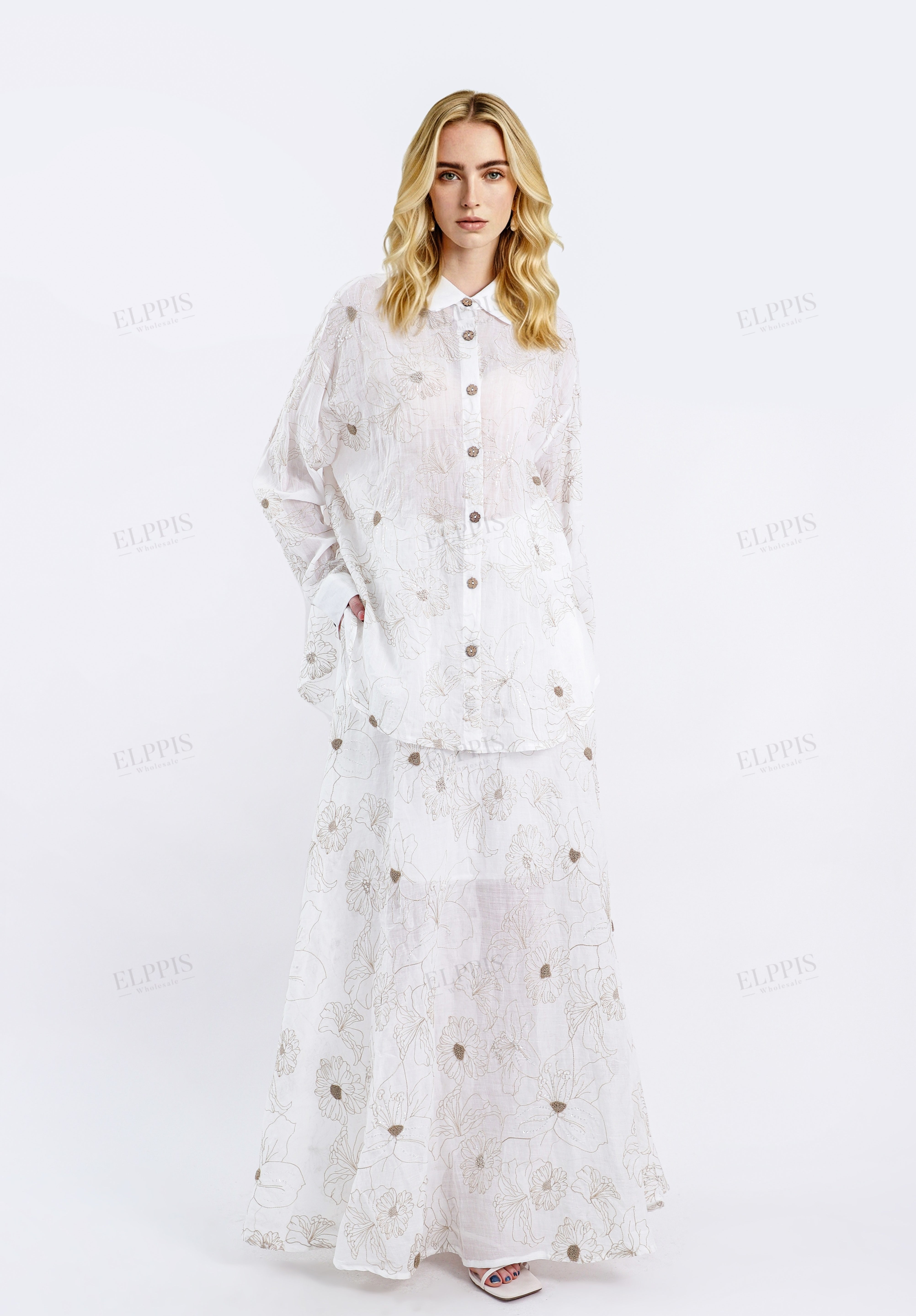 White Rayon-Linen Blend Embroidered Oversized Shirt