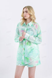 Watercolor Print Lightweight Collared Long Sleeves Blouse