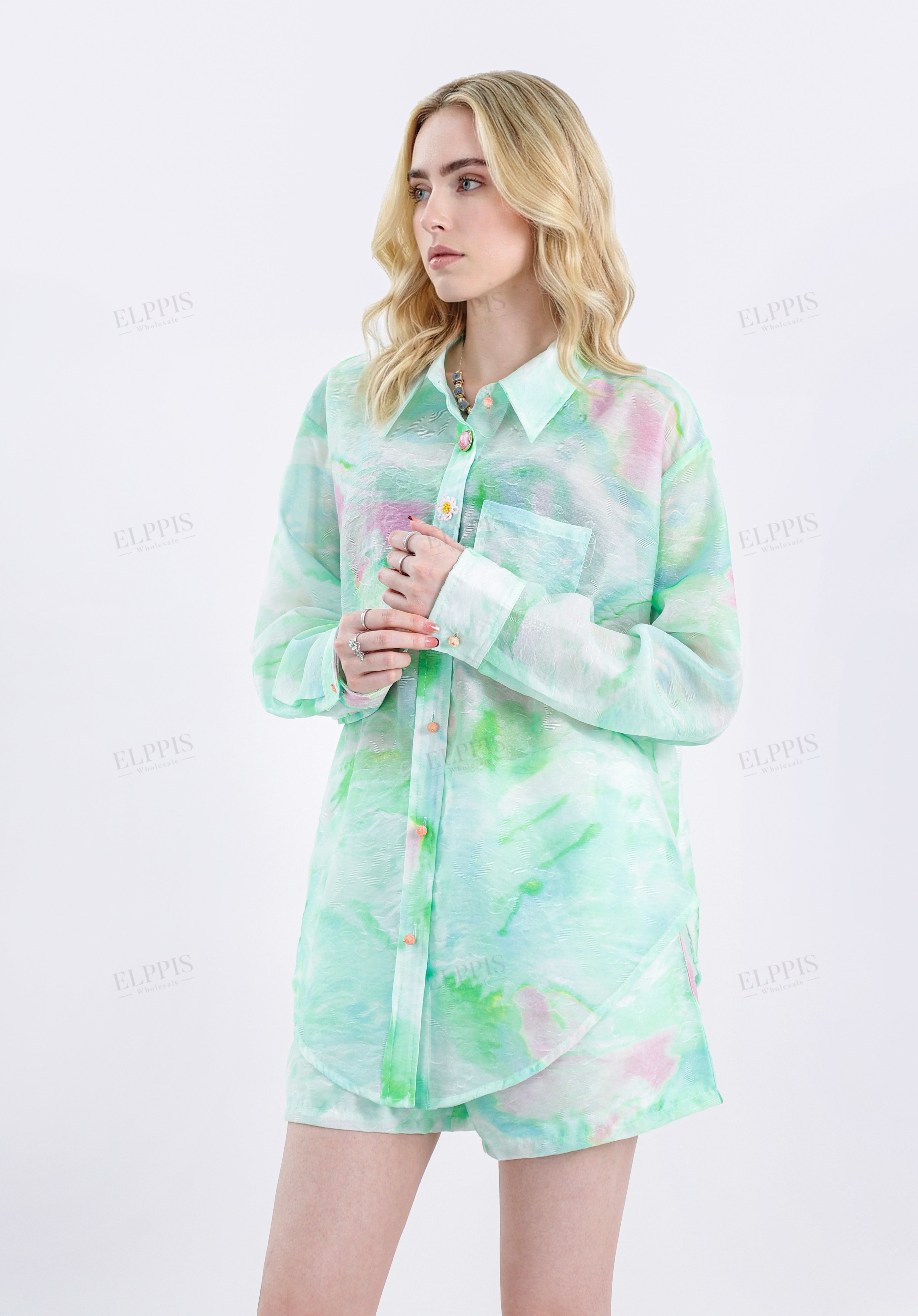 Watercolor Print Lightweight Collared Long Sleeves Blouse