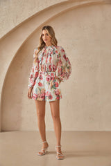 Romantic Floral Print Chiffon Blouse with Ruffled Trim & Mock Neck