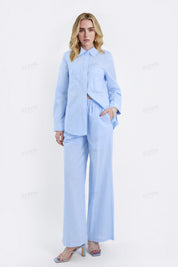 Light Blue Linen-Cotton Wide-Leg Pants