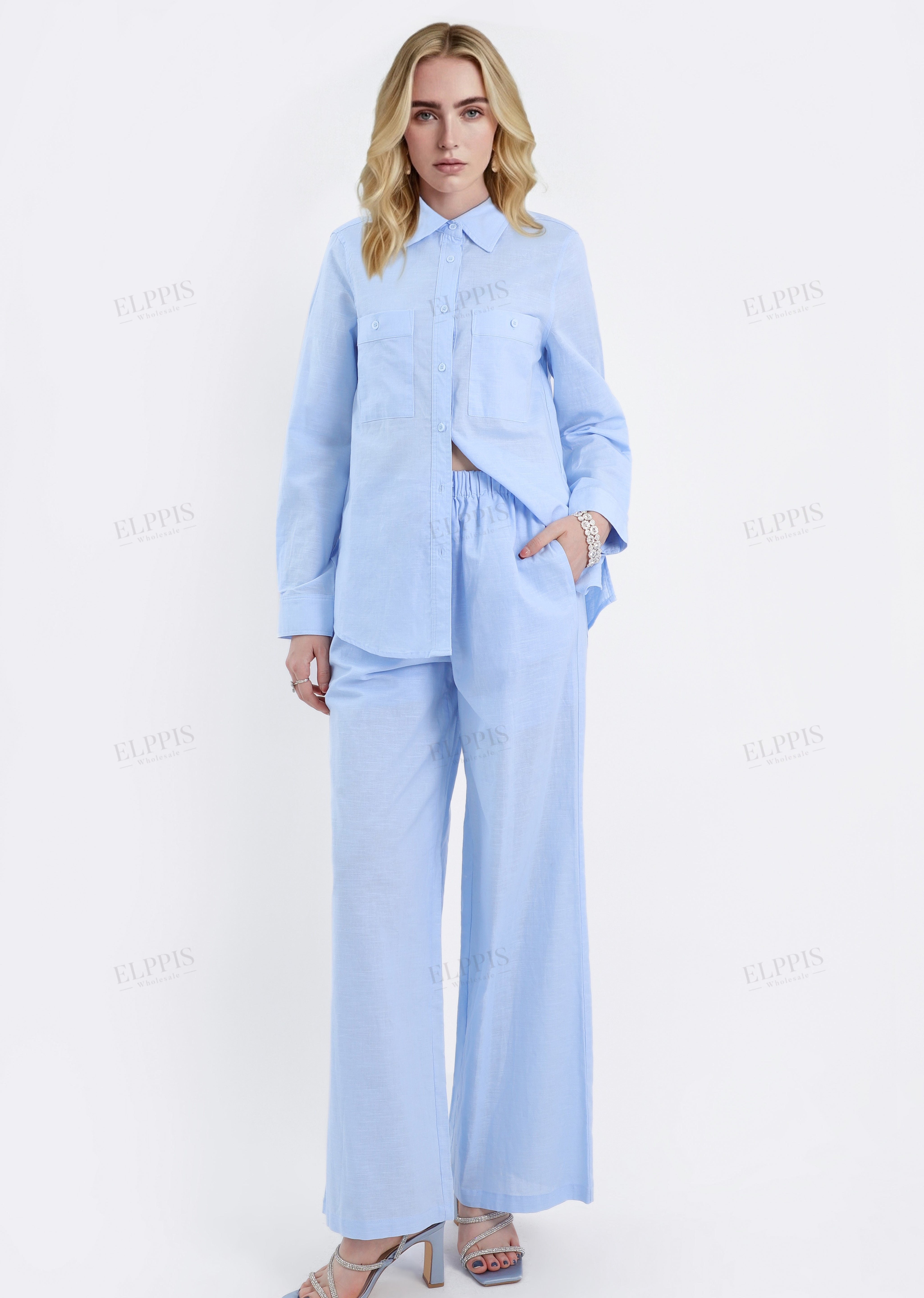 Light Blue Linen-Cotton Wide-Leg Pants