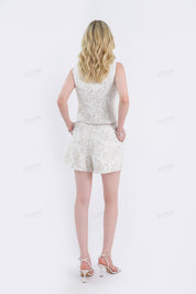 Beige Linen-Cotton Sequin Floral Sleeveless Vest