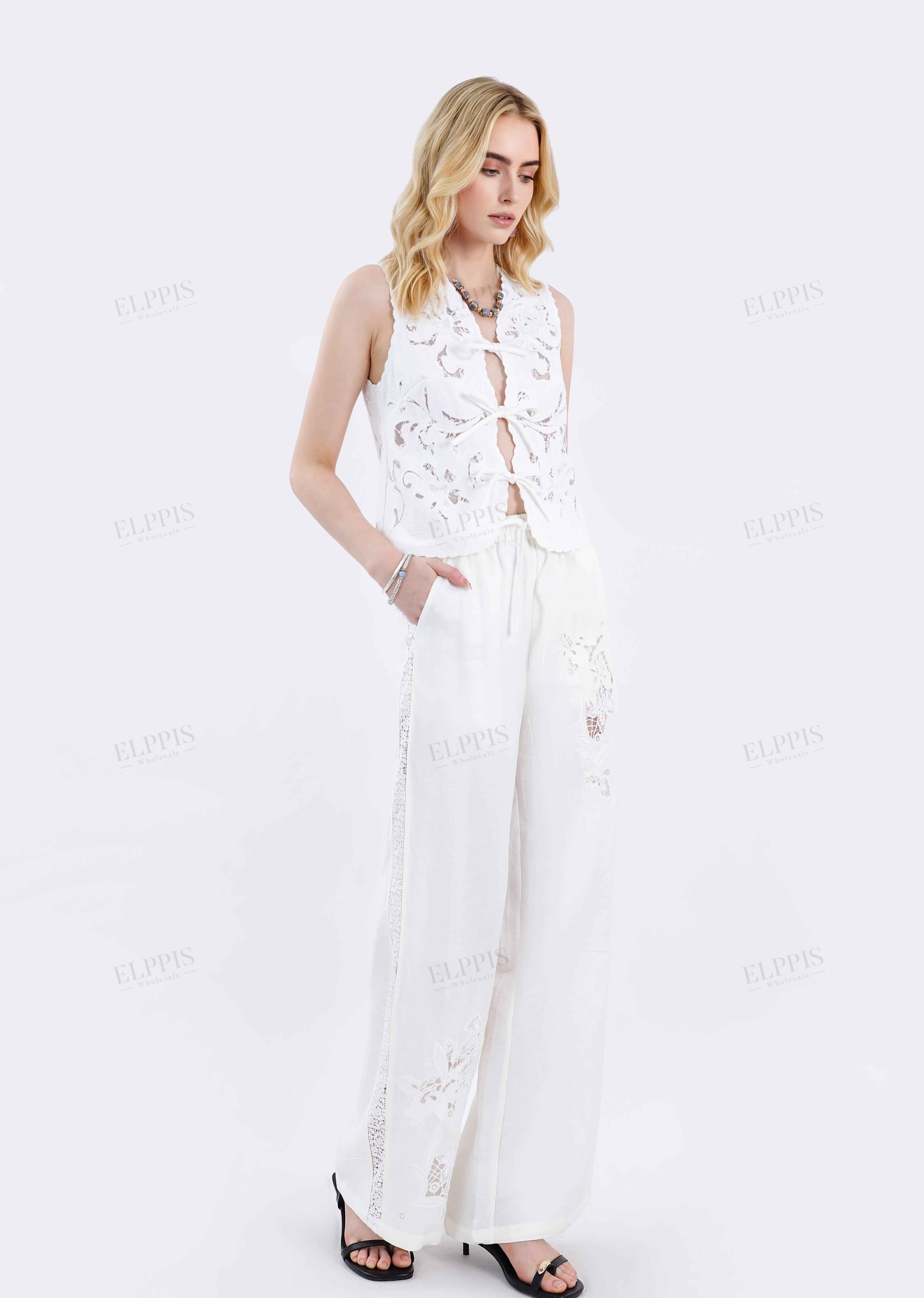 White Floral Lace Cropped Vest with Tie Detail