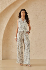 Beige Paisley Print Wide-Leg Linen Pants