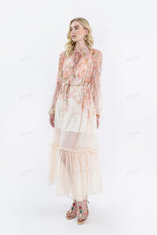Pastel Floral Print Sheer Maxi Dress with Tie Neck
