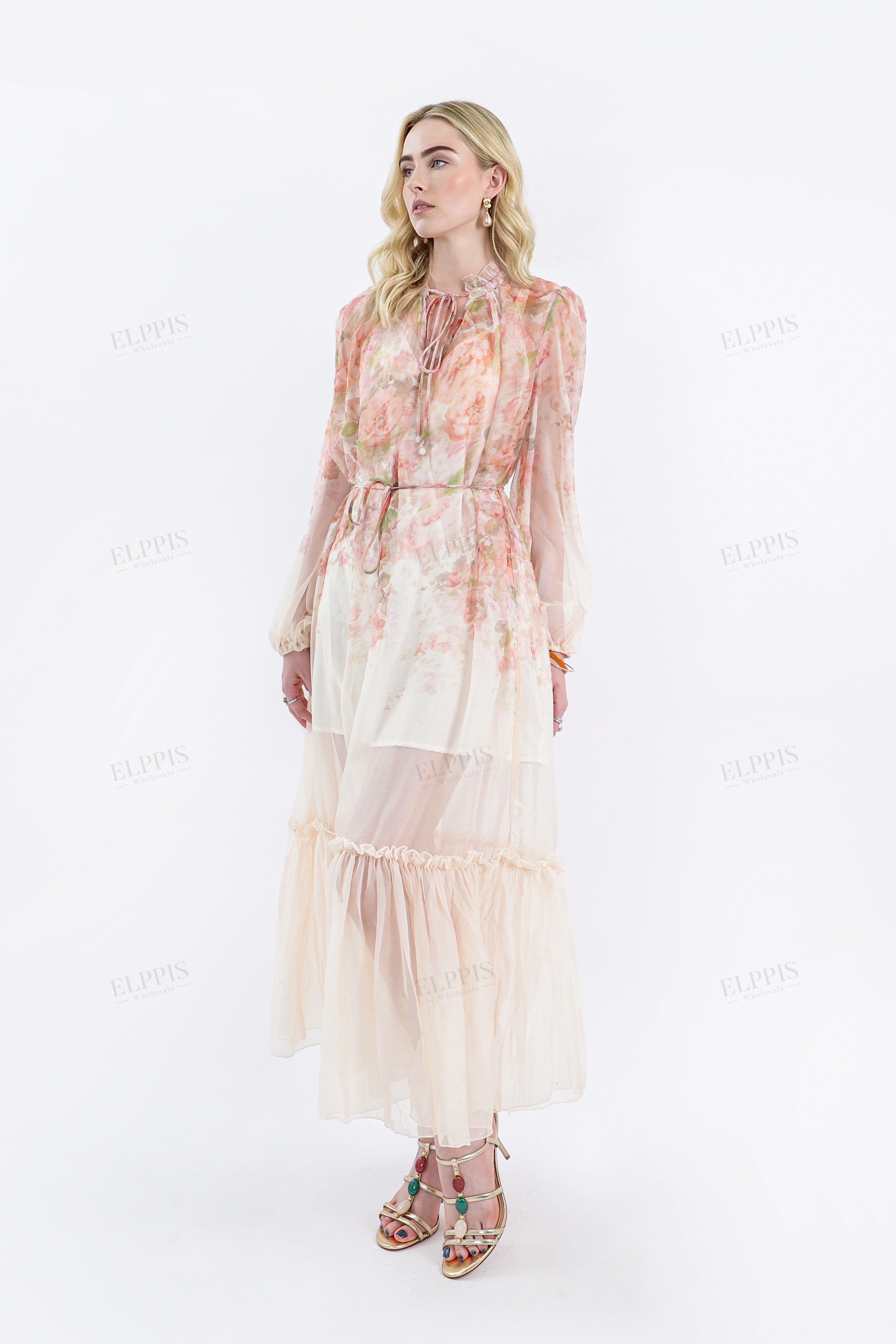Pastel Floral Print Sheer Maxi Dress with Tie Neck