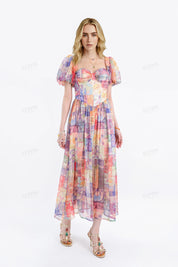 Colorful Patchwork Puff-Sleeve Maxi Dress