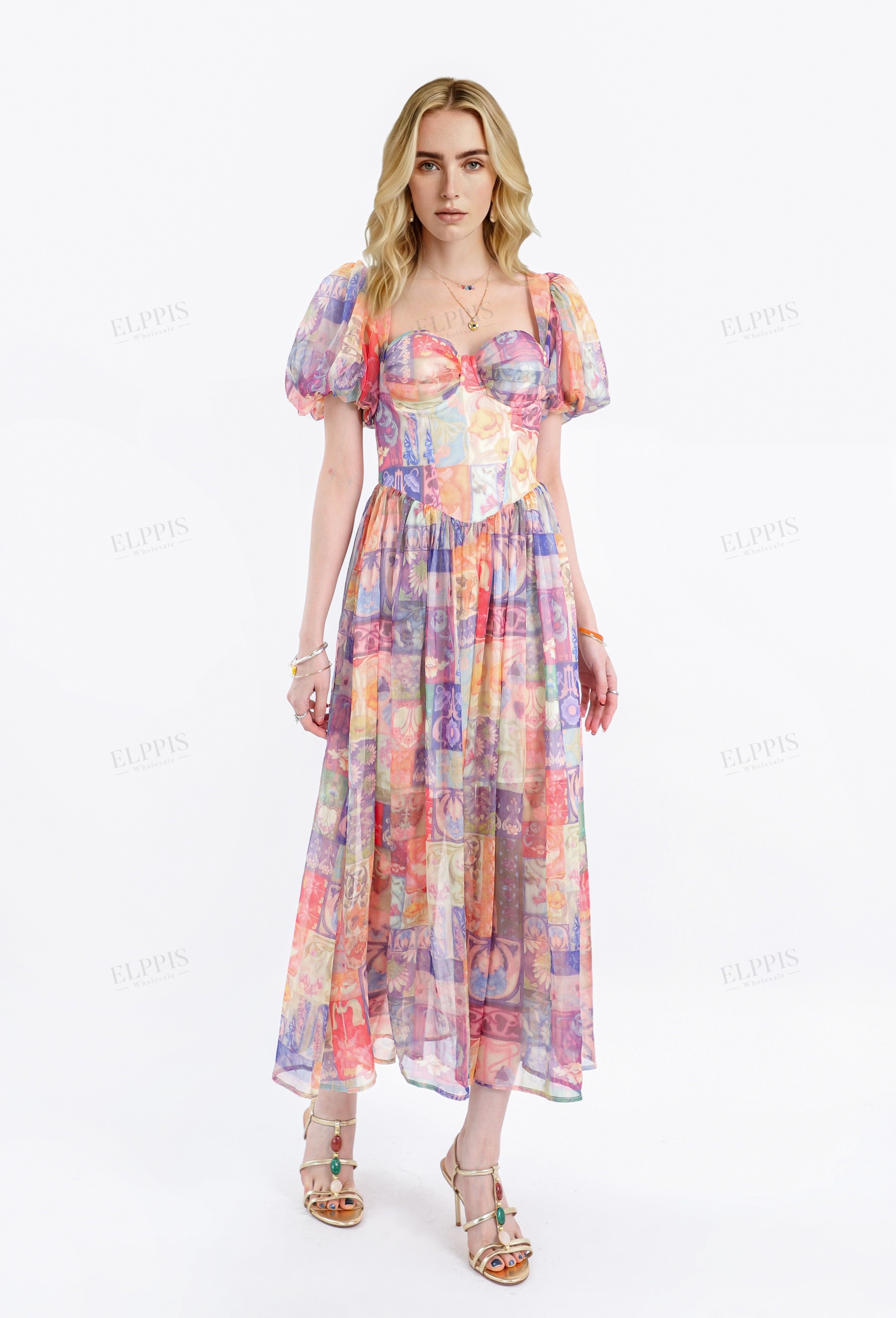 Colorful Patchwork Puff-Sleeve Maxi Dress