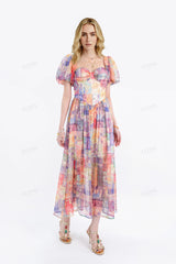 Colorful Patchwork Puff-Sleeve Maxi Dress