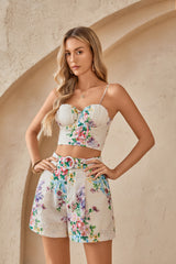 Cream Floral Print Eyelet Bustier Crop Top with Adjustable Straps
