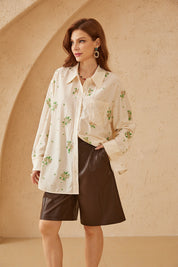 Cream Long-Sleeve Shirt with Sequin Floral Embellishments