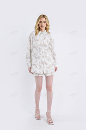 Cream Lightweigh Rayon-Nylon Blend Floral Print Long-Sleeve Blouse