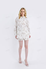 Cream Lightweigh Rayon-Nylon Blend Floral Print Long-Sleeve Blouse