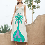 Coconut tree print A-line cotton-linen maxi camisole dress