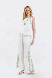 Beige Cotton-Linen Blend Embroidered Sleeveless Top