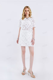 White Floral Lace Short-Sleeve Shift Dress