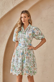 Floral Lace Puff Sleeve Shirt Dress with Belt