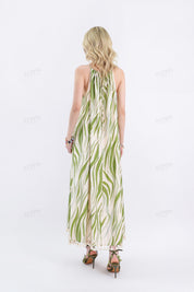 Green Leaf Print Halter Maxi Dress with Pom-Pom Hem