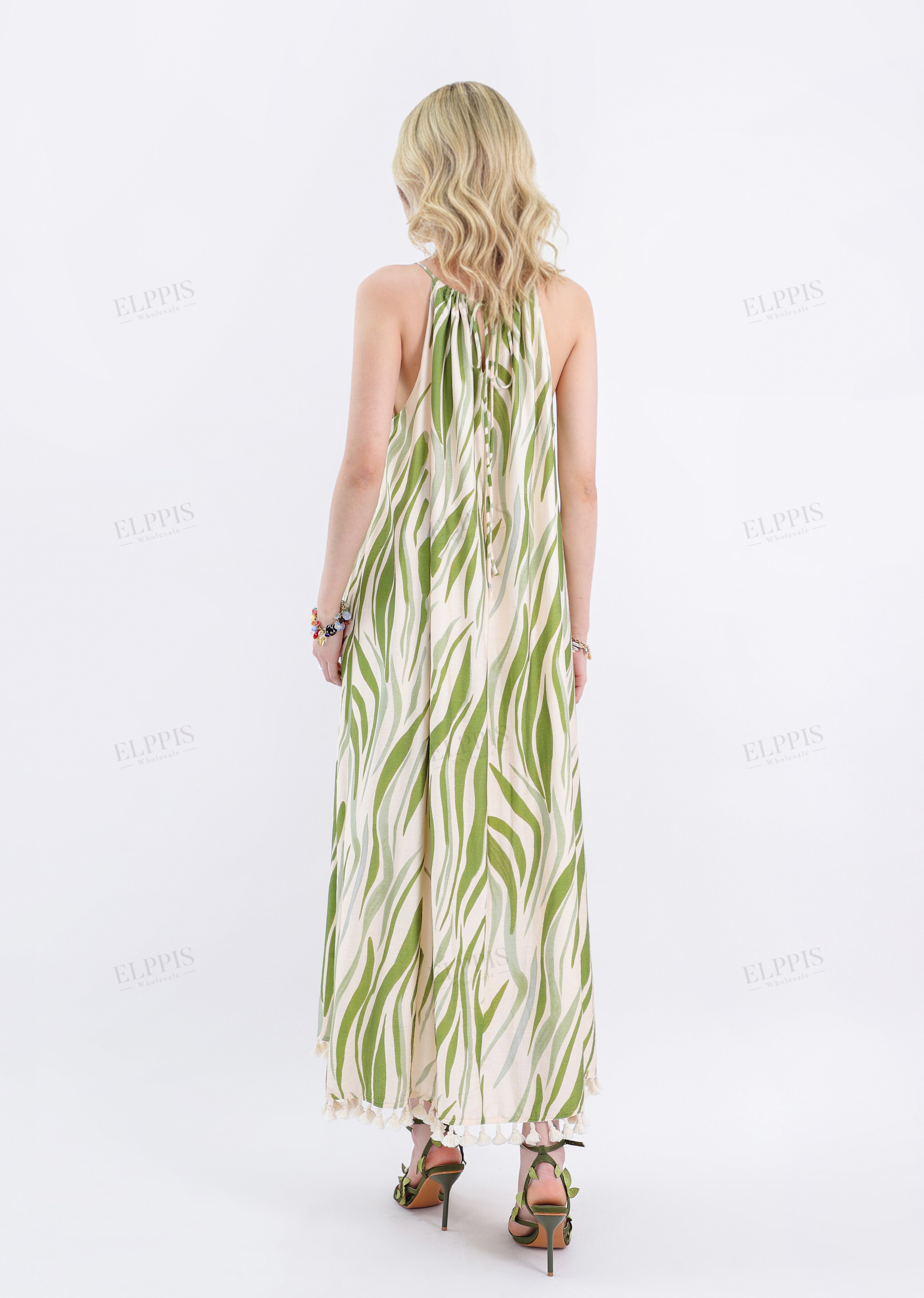 Green Leaf Print Halter Maxi Dress with Pom-Pom Hem