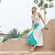 Coconut tree print A-line cotton-linen maxi camisole dress