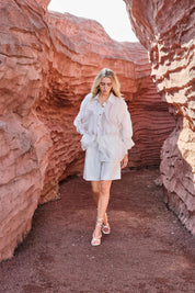 Blush Pink Sheer Organza Shirt with Tiered Ruffle Detail