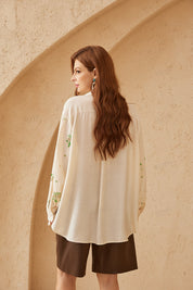 Cream Long-Sleeve Shirt with Sequin Floral Embellishments