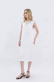 White Sleeveless Midi Dress with Lace Yoke Detail