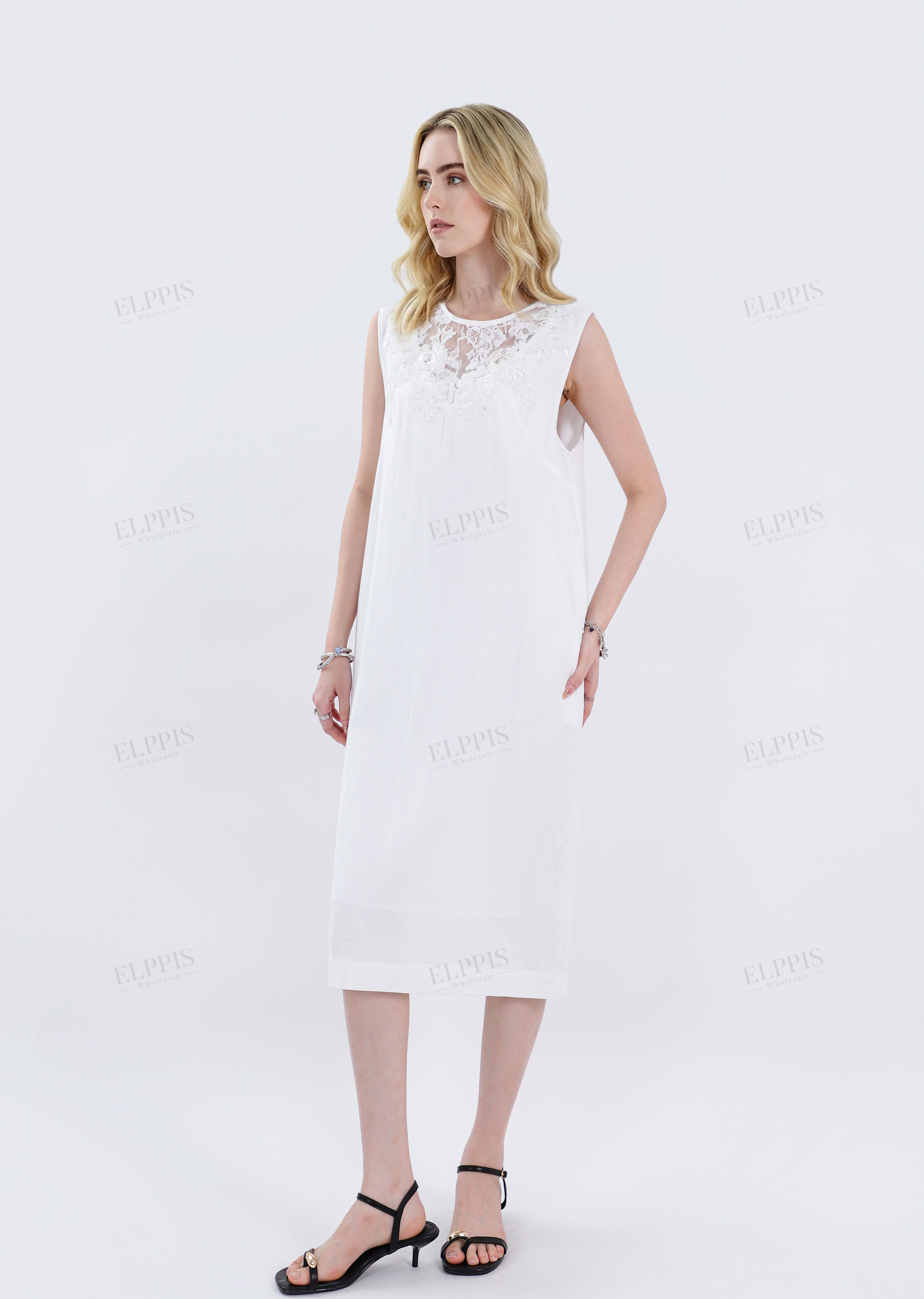 White Sleeveless Midi Dress with Lace Yoke Detail