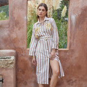 Pipe bead embroidered H-line striped long sleeve dress