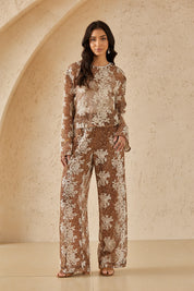Brown & White Floral Lace Cropped Blouse with Bell Sleeves